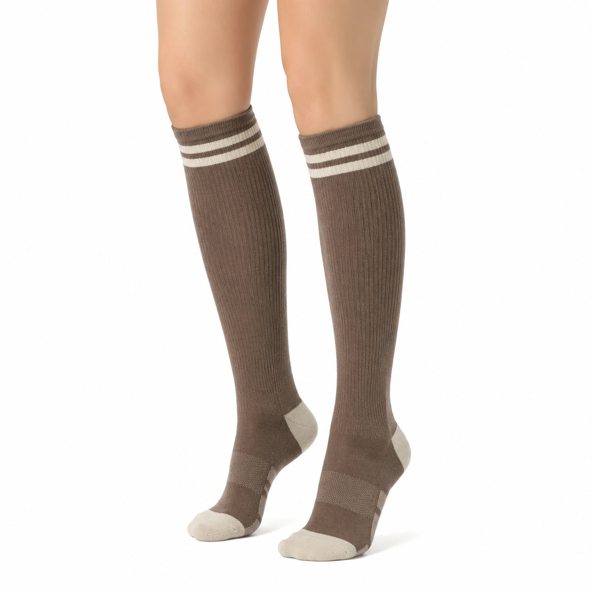 Chaussettes montantes 35-38 en maille textile marron et beige style côtelé sportif